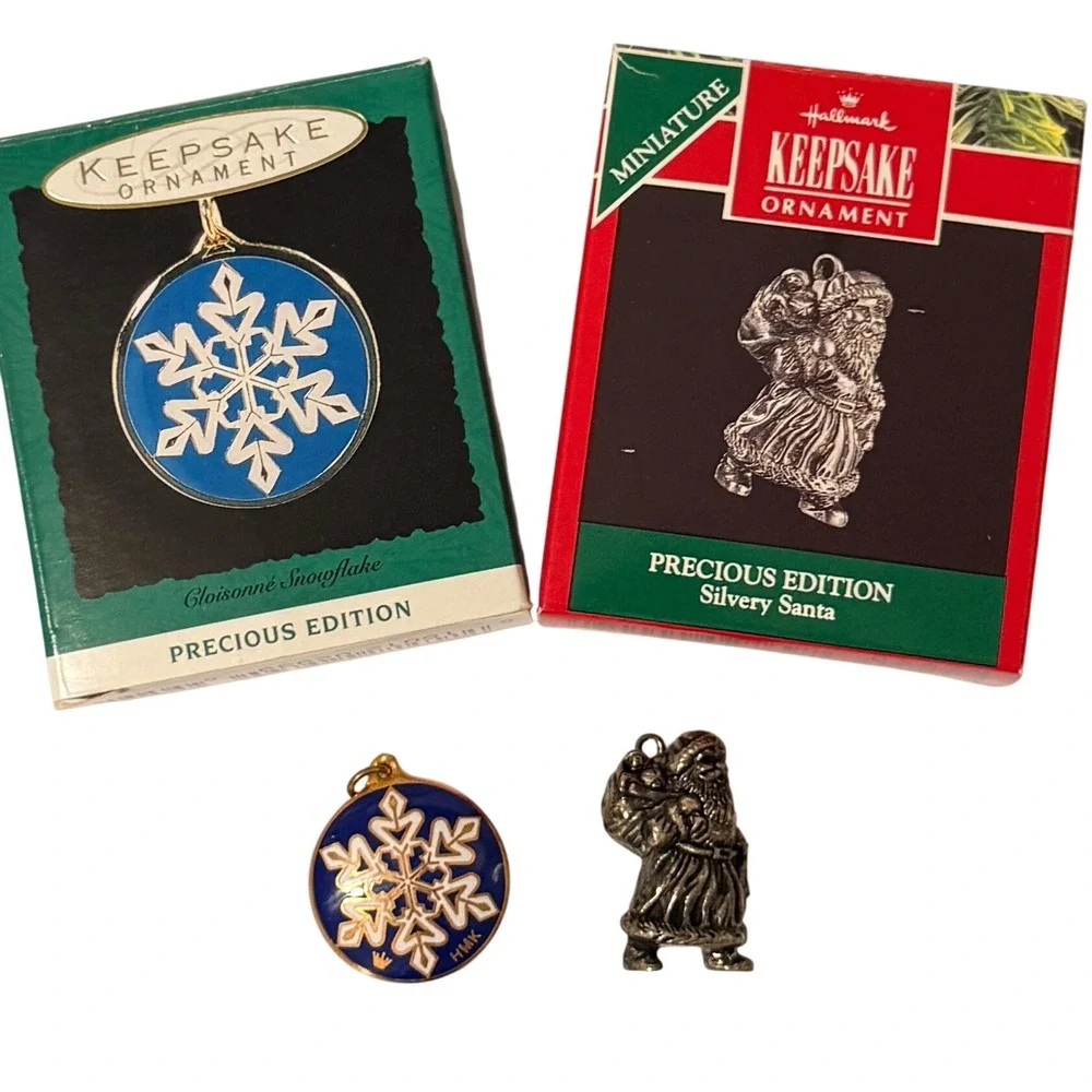 Hallmark Keepsake Ornaments 1993 Cloisonne Snowflake 1991 Silvery Santa Mini